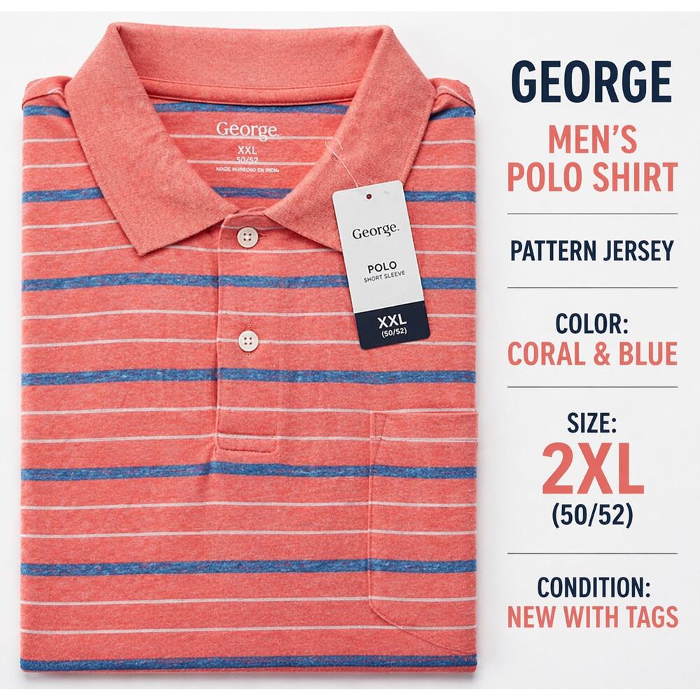 George Men’s Polo Shirt 2XL Coral Blue Striped Short Sleeve NEW